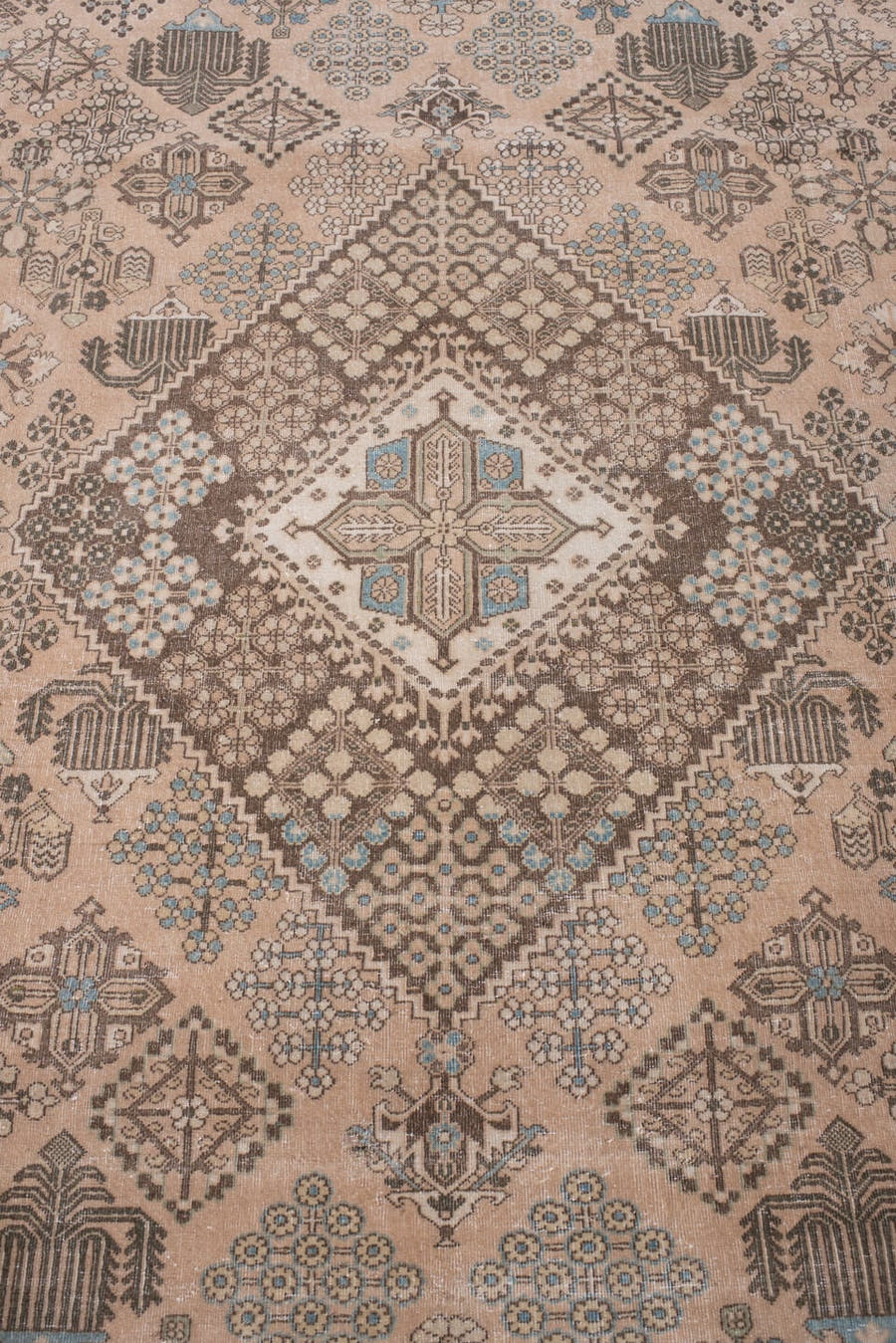7' x 10' one-of-a-kind handmade antique Joshegan large size rug. Color palette: ivory, taupe, powder blue, charcoal, beige