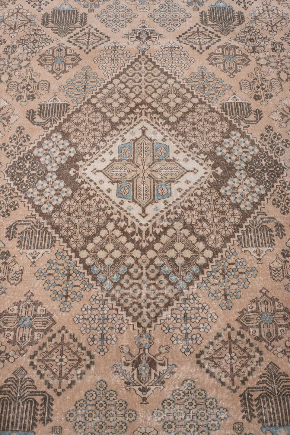 7' x 10' one-of-a-kind handmade antique Joshegan large size rug. Color palette: ivory, taupe, powder blue, charcoal, beige