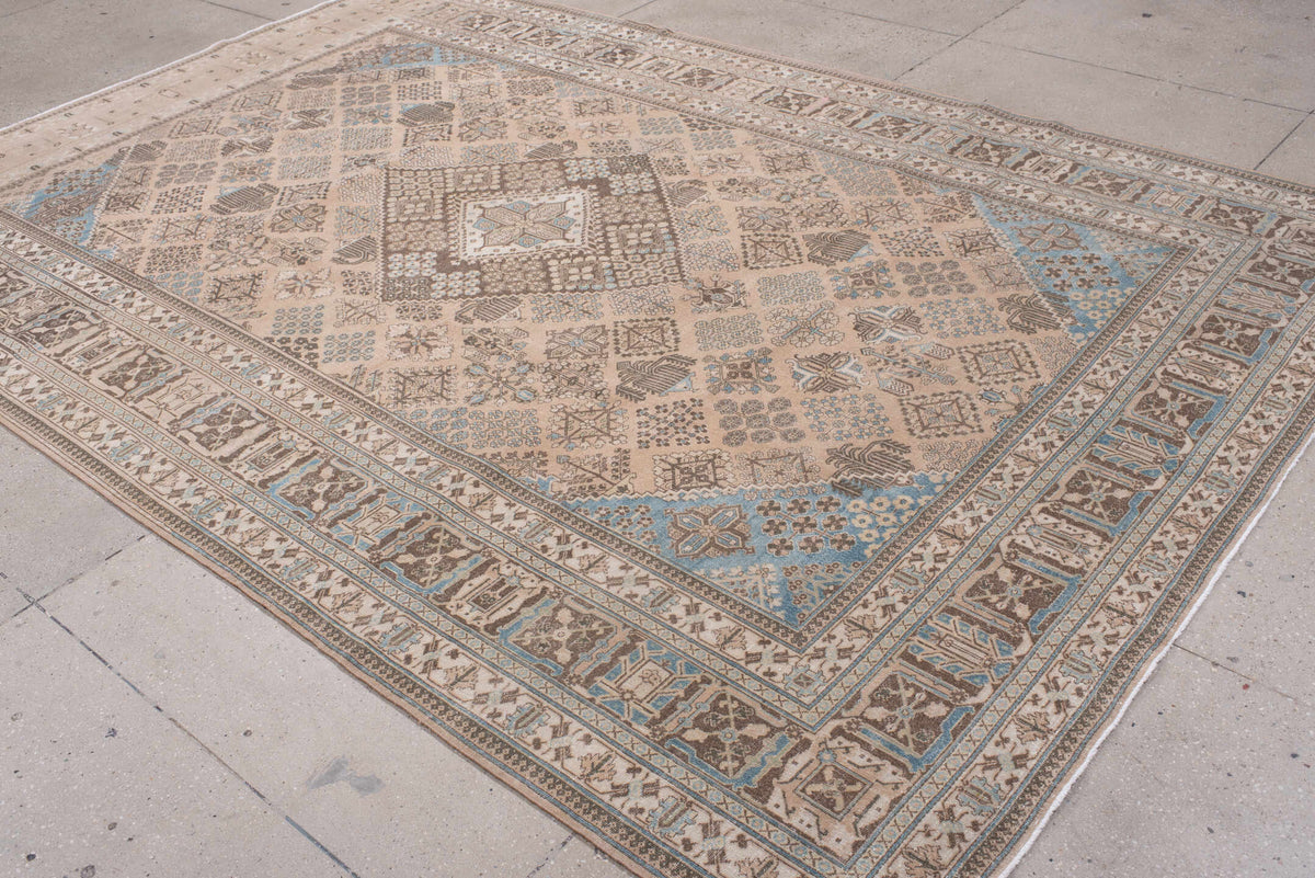 7' x 10' one-of-a-kind handmade antique Joshegan large size rug. Color palette: ivory, taupe, powder blue, charcoal, beige