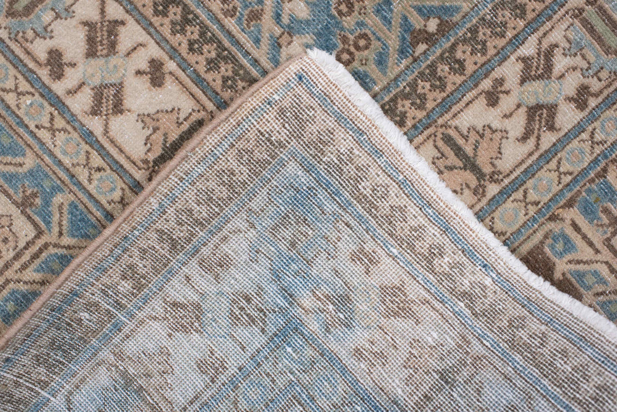 7' x 10' one-of-a-kind handmade antique Joshegan large size rug. Color palette: ivory, taupe, powder blue, charcoal, beige