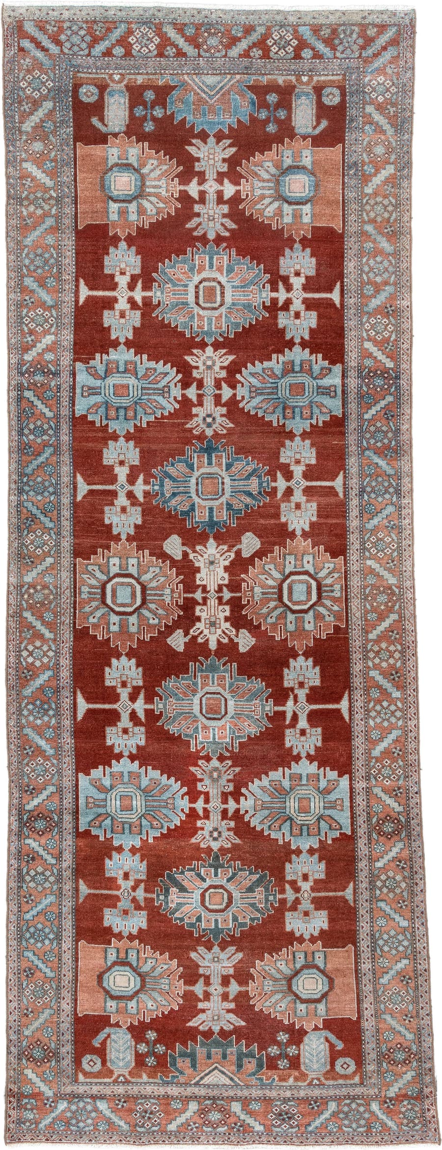 3' x 10' one-of-a-kind handmade antique Malayer runner rug. Color palette: rust, pale blue, ivory, terracotta, charcoal