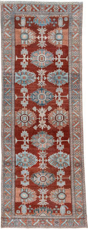 3' x 10' one-of-a-kind handmade antique Malayer runner rug. Color palette: rust, pale blue, ivory, terracotta, charcoal
