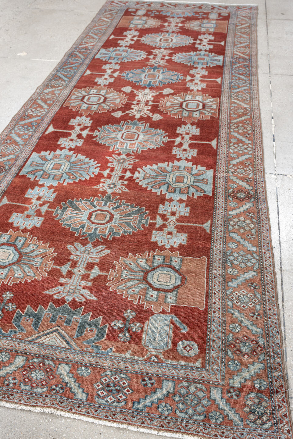 3' x 10' one-of-a-kind handmade antique Malayer runner rug. Color palette: rust, pale blue, ivory, terracotta, charcoal