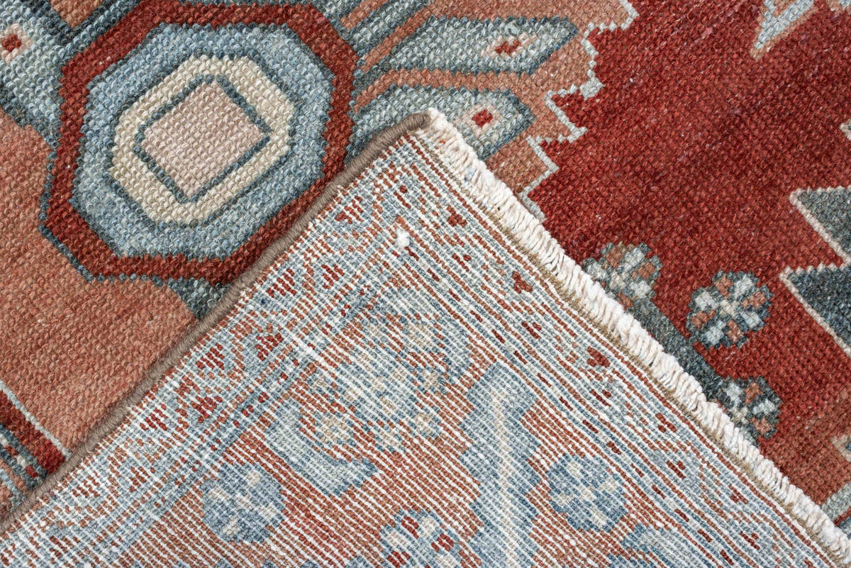 3' x 10' one-of-a-kind handmade antique Malayer runner rug. Color palette: rust, pale blue, ivory, terracotta, charcoal