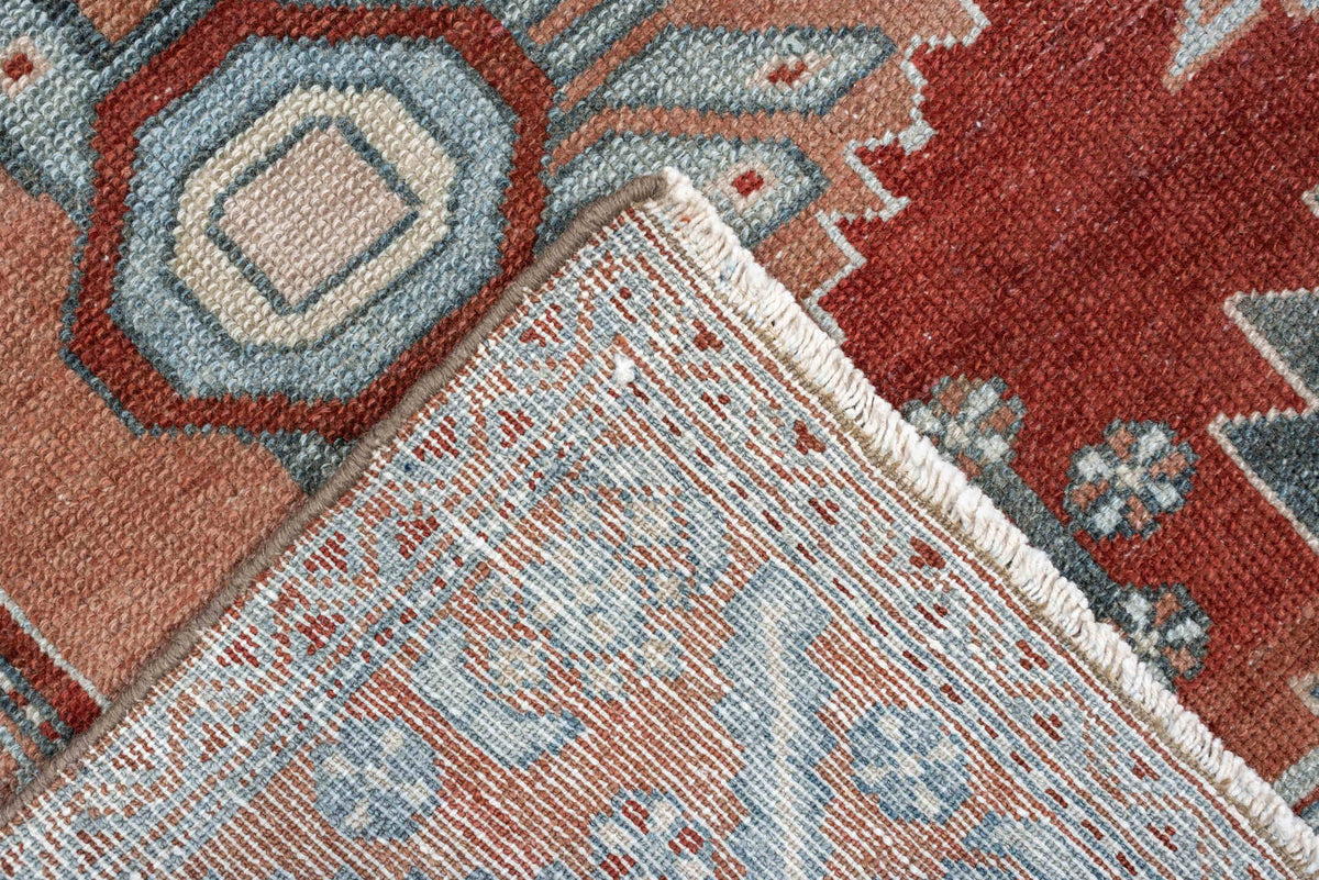 3' x 10' one-of-a-kind handmade antique Malayer runner rug. Color palette: rust, pale blue, ivory, terracotta, charcoal