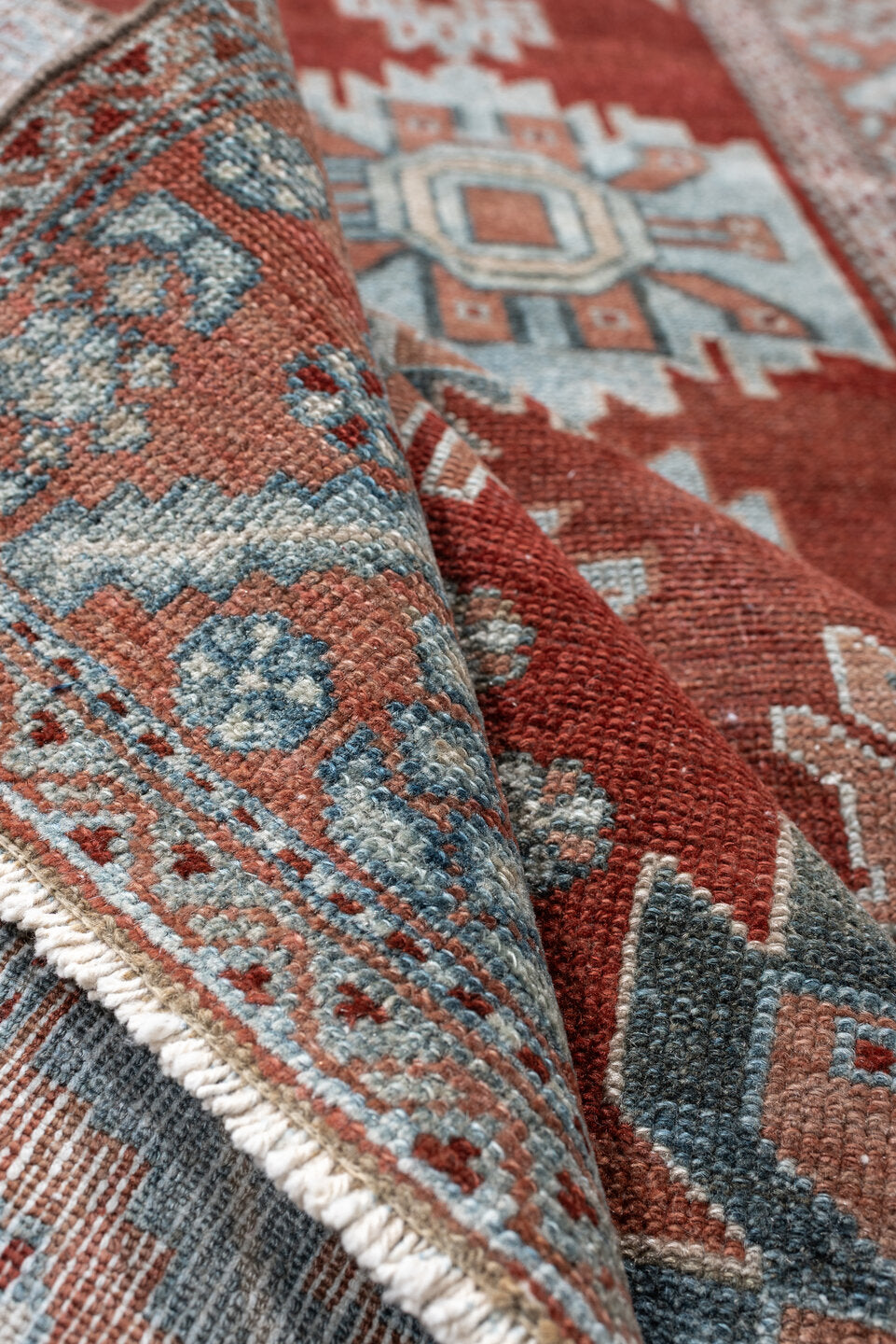 3' x 10' one-of-a-kind handmade antique Malayer runner rug. Color palette: rust, pale blue, ivory, terracotta, charcoal