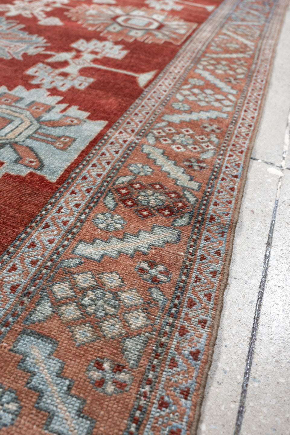 3' x 10' one-of-a-kind handmade antique Malayer runner rug. Color palette: rust, pale blue, ivory, terracotta, charcoal