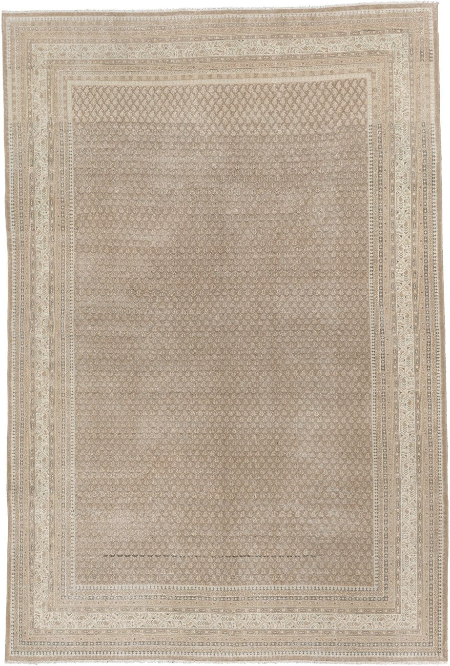 6' x 9' one-of-a-kind handmade antique Mir large size rug. Color palette: taupe, ivory, sand, beige, camel, soft brown