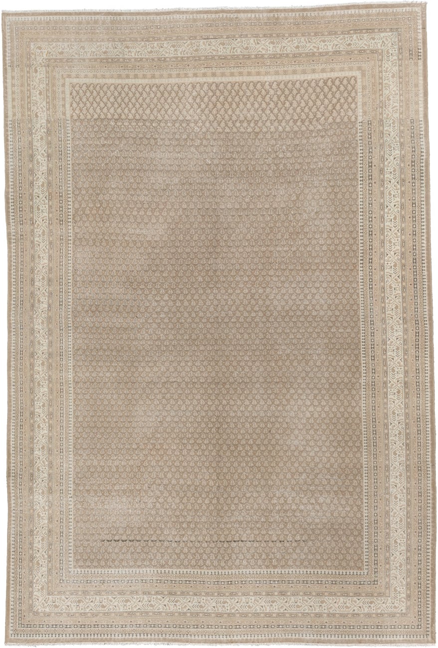 6' x 9' one-of-a-kind handmade antique Mir large size rug. Color palette: taupe, ivory, sand, beige, camel, soft brown