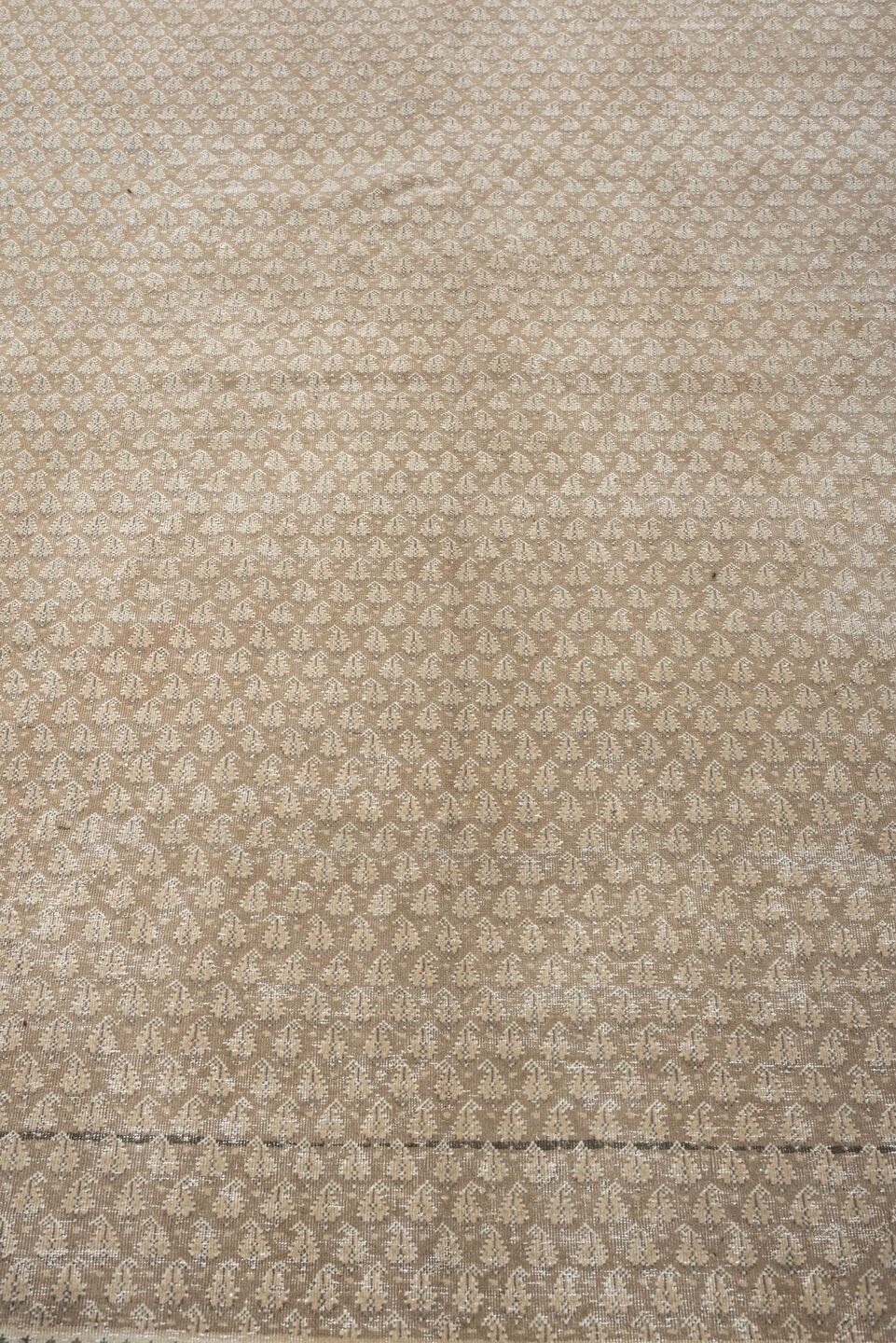 6' x 9' one-of-a-kind handmade antique Mir large size rug. Color palette: taupe, ivory, sand, beige, camel, soft brown