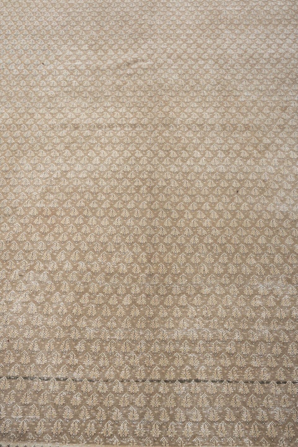 6' x 9' one-of-a-kind handmade antique Mir large size rug. Color palette: taupe, ivory, sand, beige, camel, soft brown