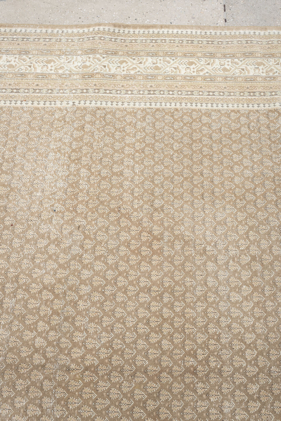 6' x 9' one-of-a-kind handmade antique Mir large size rug. Color palette: taupe, ivory, sand, beige, camel, soft brown