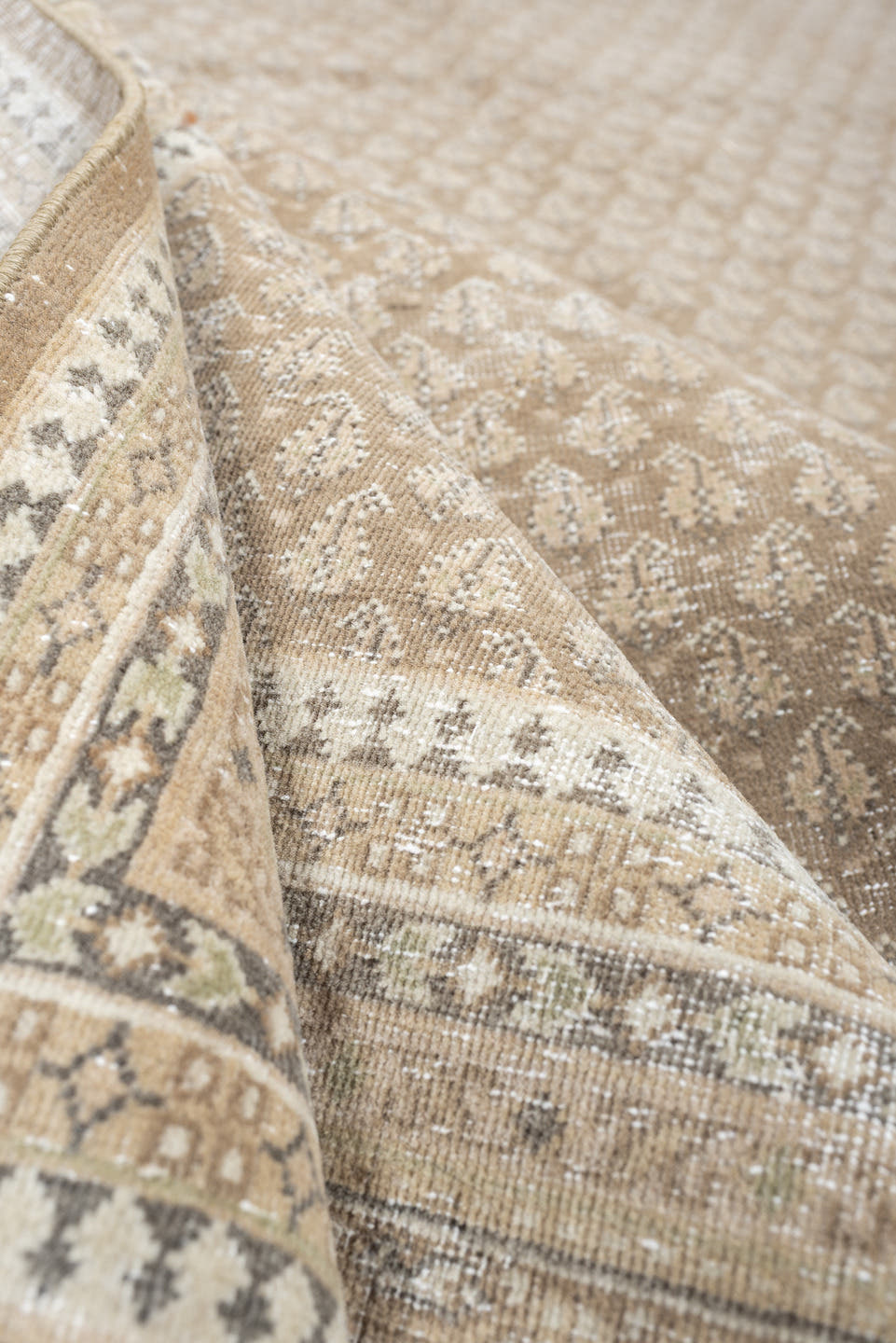 6' x 9' one-of-a-kind handmade antique Mir large size rug. Color palette: taupe, ivory, sand, beige, camel, soft brown