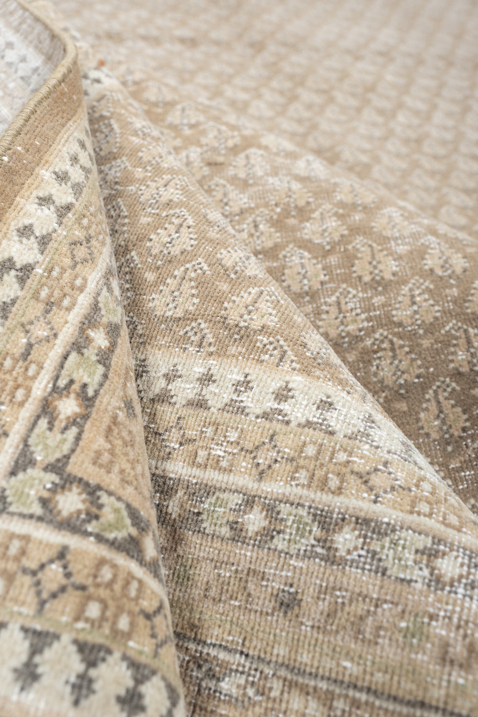 6' x 9' one-of-a-kind handmade antique Mir large size rug. Color palette: taupe, ivory, sand, beige, camel, soft brown