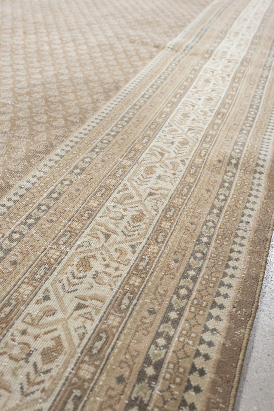 6' x 9' one-of-a-kind handmade antique Mir large size rug. Color palette: taupe, ivory, sand, beige, camel, soft brown