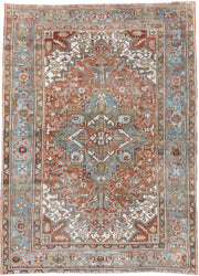 7' x 10' one-of-a-kind handmade antique Heriz large size rug. Color palette: rust, powder blue, ivory, sage, terracotta
