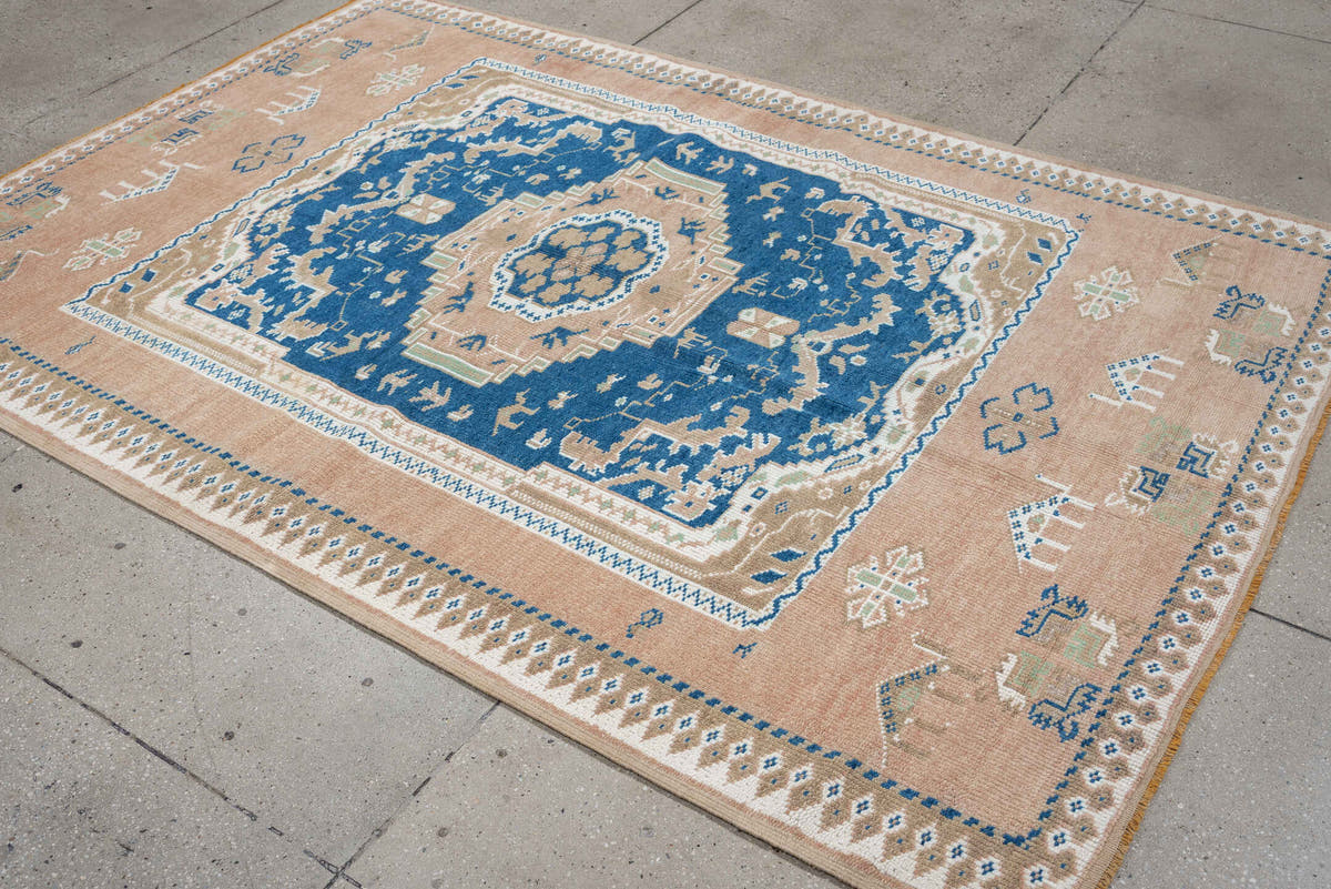 5' x 8' one-of-a-kind handmade antique Moroccan medium size rug. Color palette: blush, indigo, ivory, taupe, sage, camel