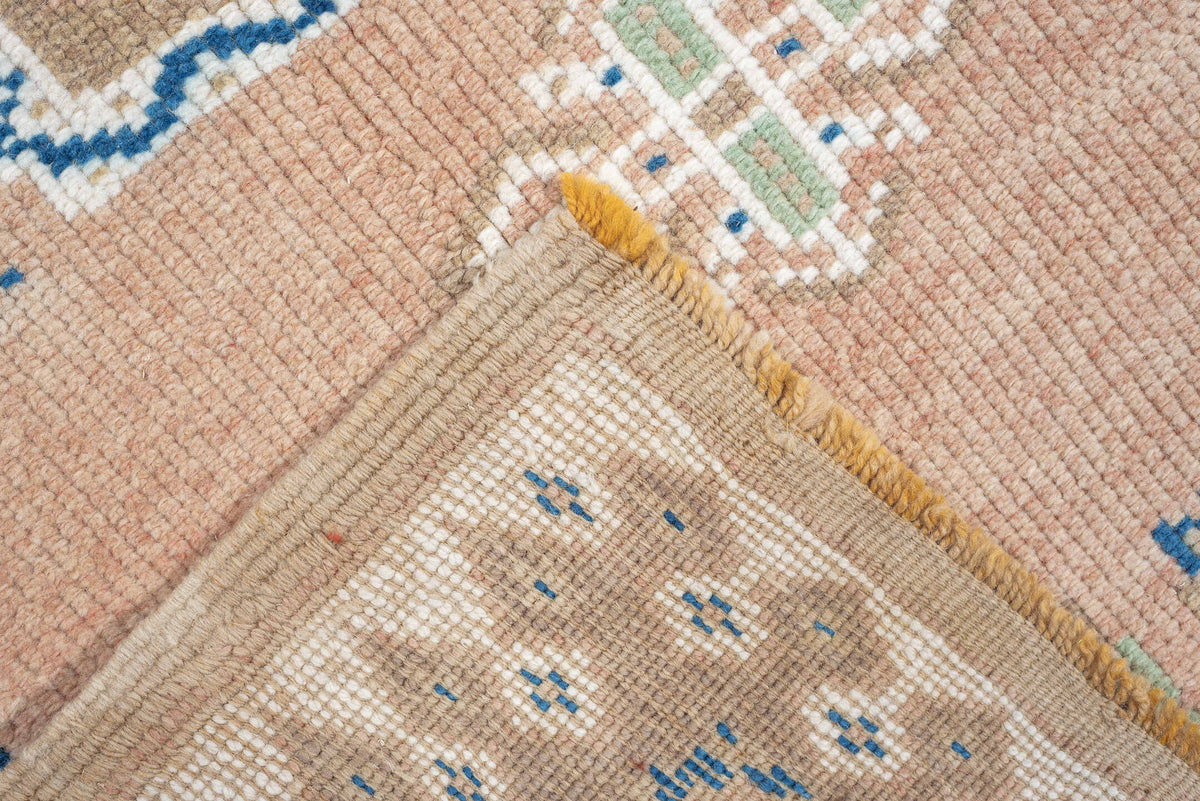 5' x 8' one-of-a-kind handmade antique Moroccan medium size rug. Color palette: blush, indigo, ivory, taupe, sage, camel