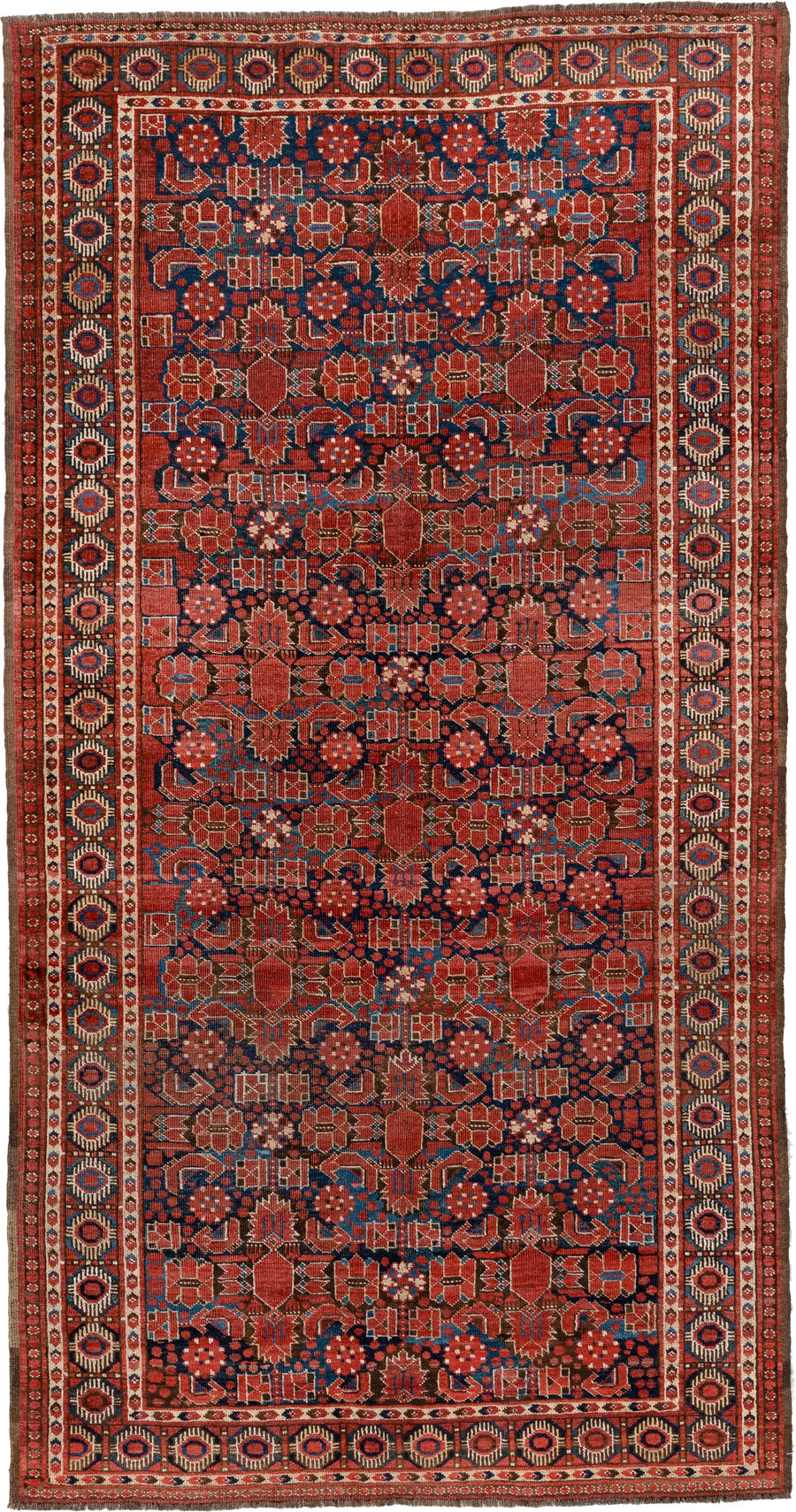 5' x 9' one-of-a-kind handmade antique Beshir medium size rug. Color palette: madder red, indigo, ivory, coral, teal, rust
