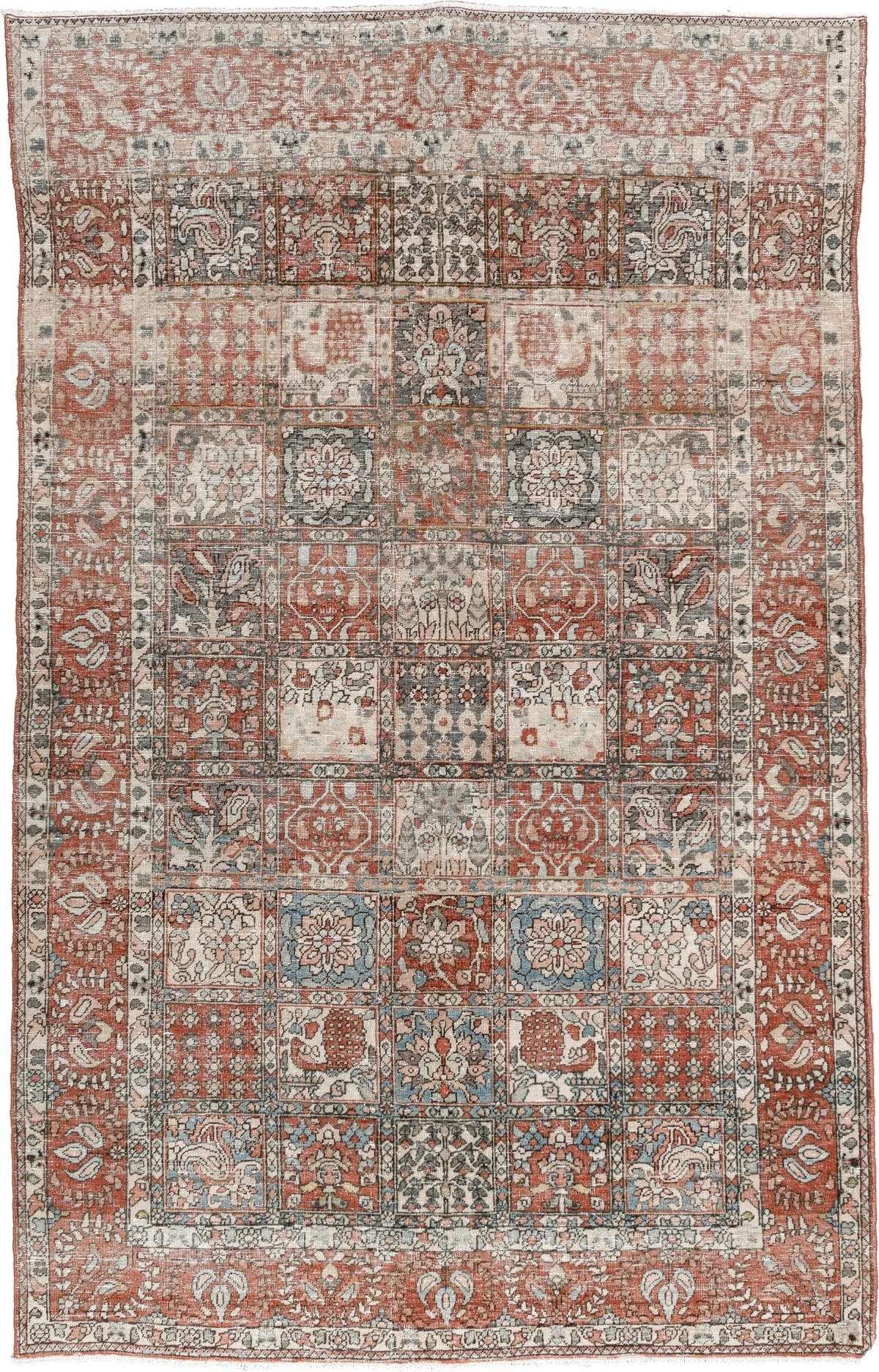 5' x 8' one-of-a-kind handmade antique Baktiary medium size rug. Color palette: terracotta, ivory, charcoal, slate blue