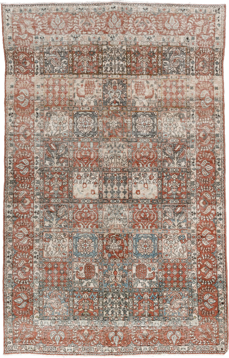 5' x 8' one-of-a-kind handmade antique Baktiary medium size rug. Color palette: terracotta, ivory, charcoal, slate blue