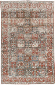 5' x 8' one-of-a-kind handmade antique Baktiary medium size rug. Color palette: terracotta, ivory, charcoal, slate blue