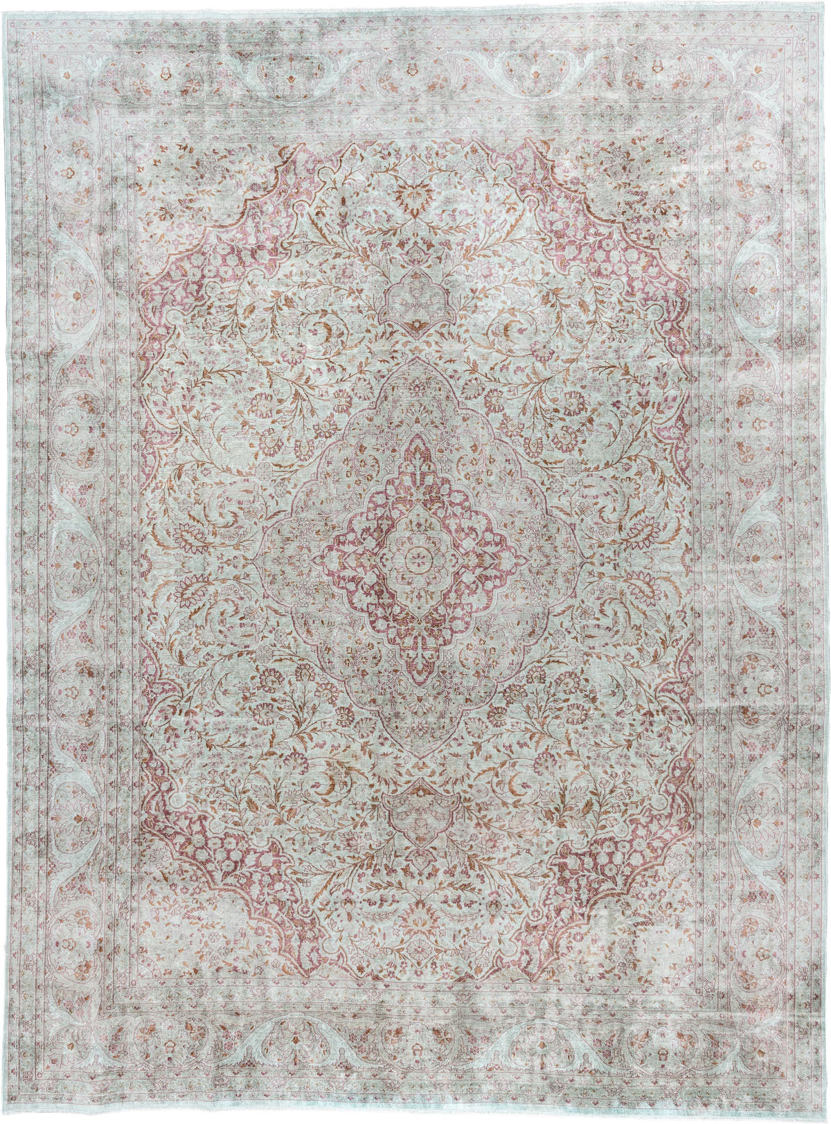 9' x 12' one-of-a-kind handmade antique Kashmir large size rug. Color palette: ivory, sage, dusty rose, pale blue gray