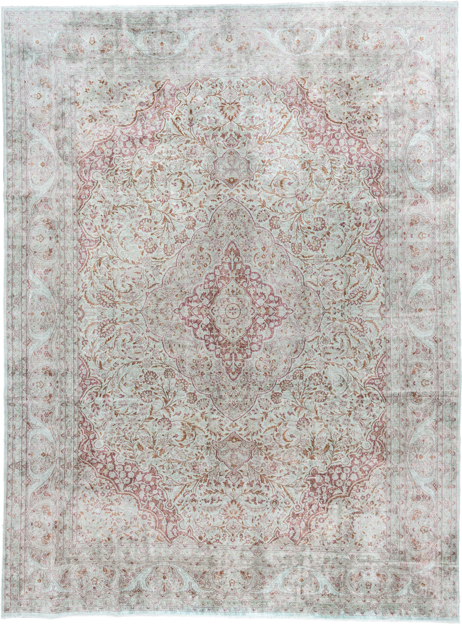 9' x 12' one-of-a-kind handmade antique Kashmir large size rug. Color palette: ivory, sage, dusty rose, pale blue gray