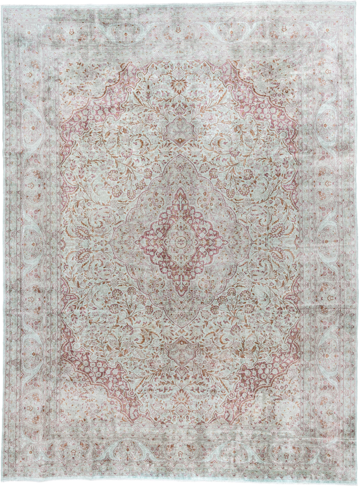 9' x 12' one-of-a-kind handmade antique Kashmir large size rug. Color palette: ivory, sage, dusty rose, pale blue gray