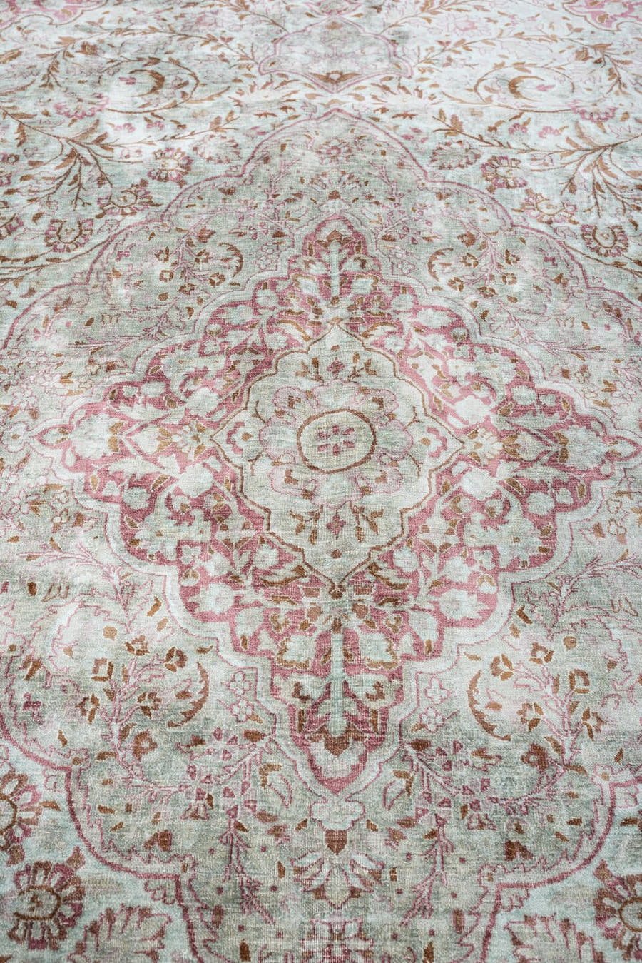9' x 12' one-of-a-kind handmade antique Kashmir large size rug. Color palette: ivory, sage, dusty rose, pale blue gray