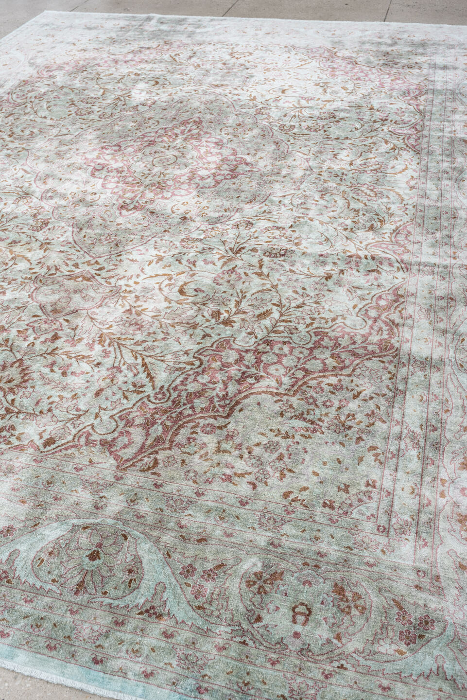 9' x 12' one-of-a-kind handmade antique Kashmir large size rug. Color palette: ivory, sage, dusty rose, pale blue gray