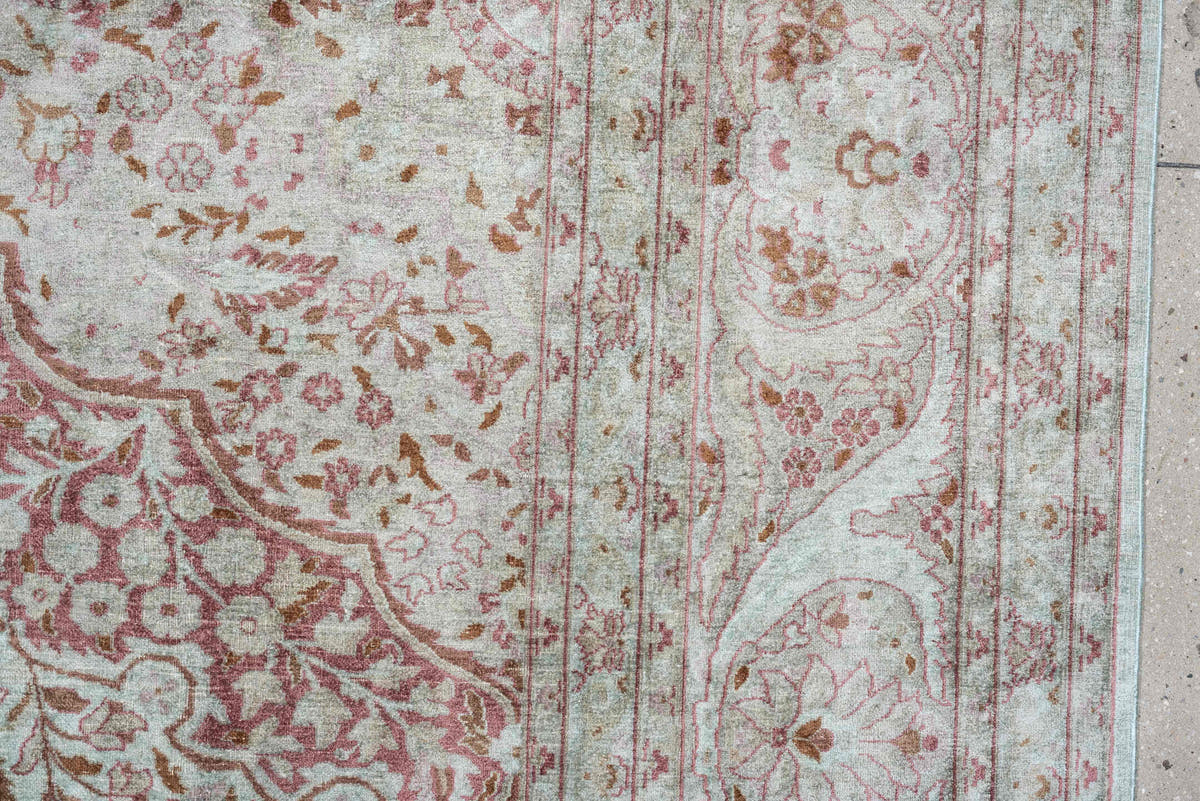 9' x 12' one-of-a-kind handmade antique Kashmir large size rug. Color palette: ivory, sage, dusty rose, pale blue gray