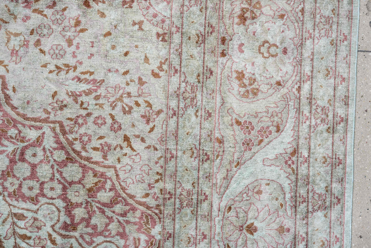 9' x 12' one-of-a-kind handmade antique Kashmir large size rug. Color palette: ivory, sage, dusty rose, pale blue gray