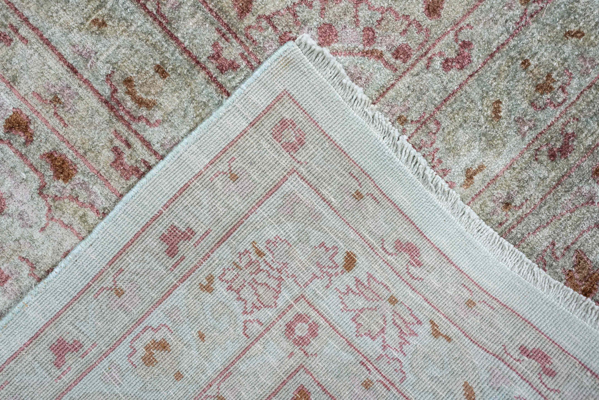 9' x 12' one-of-a-kind handmade antique Kashmir large size rug. Color palette: ivory, sage, dusty rose, pale blue gray