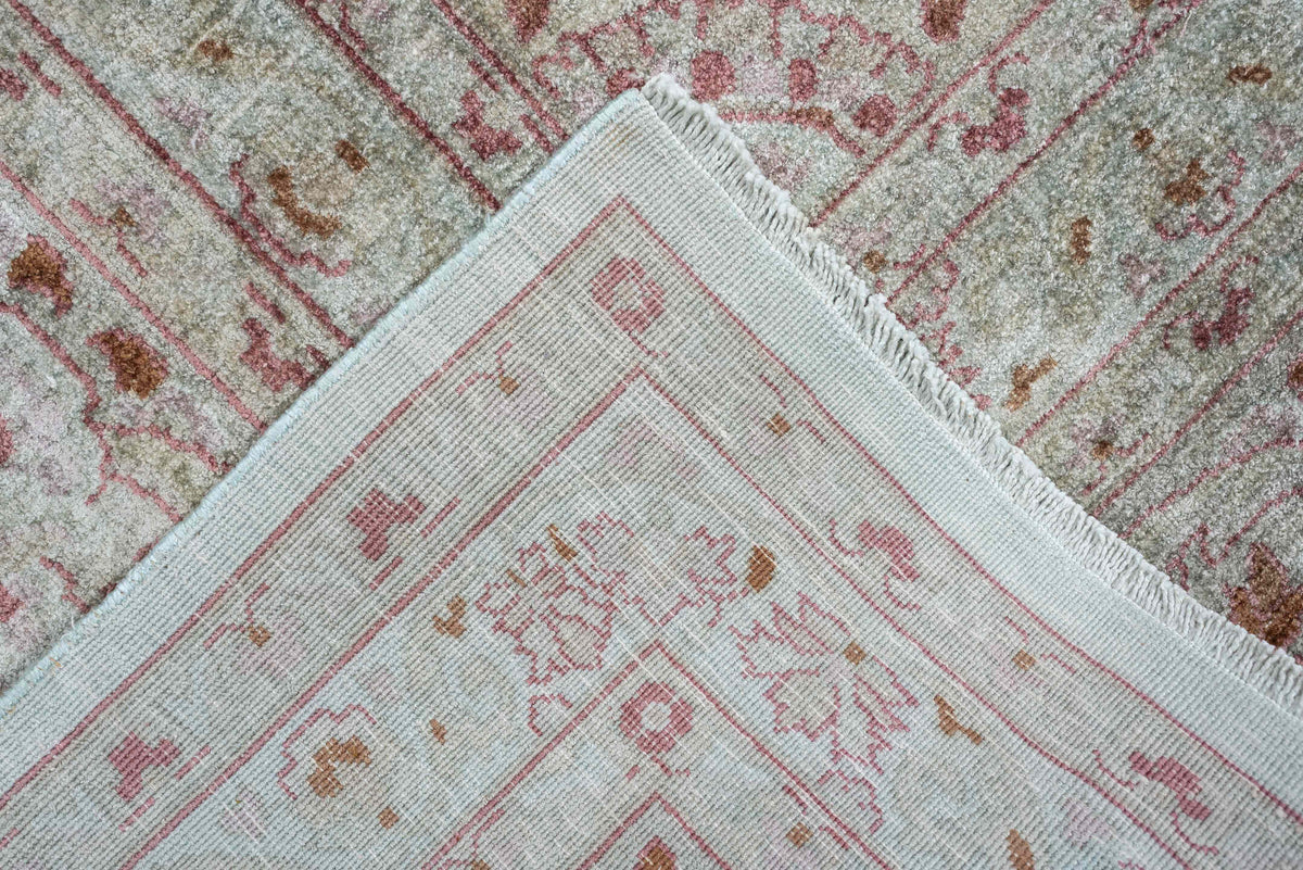 9' x 12' one-of-a-kind handmade antique Kashmir large size rug. Color palette: ivory, sage, dusty rose, pale blue gray