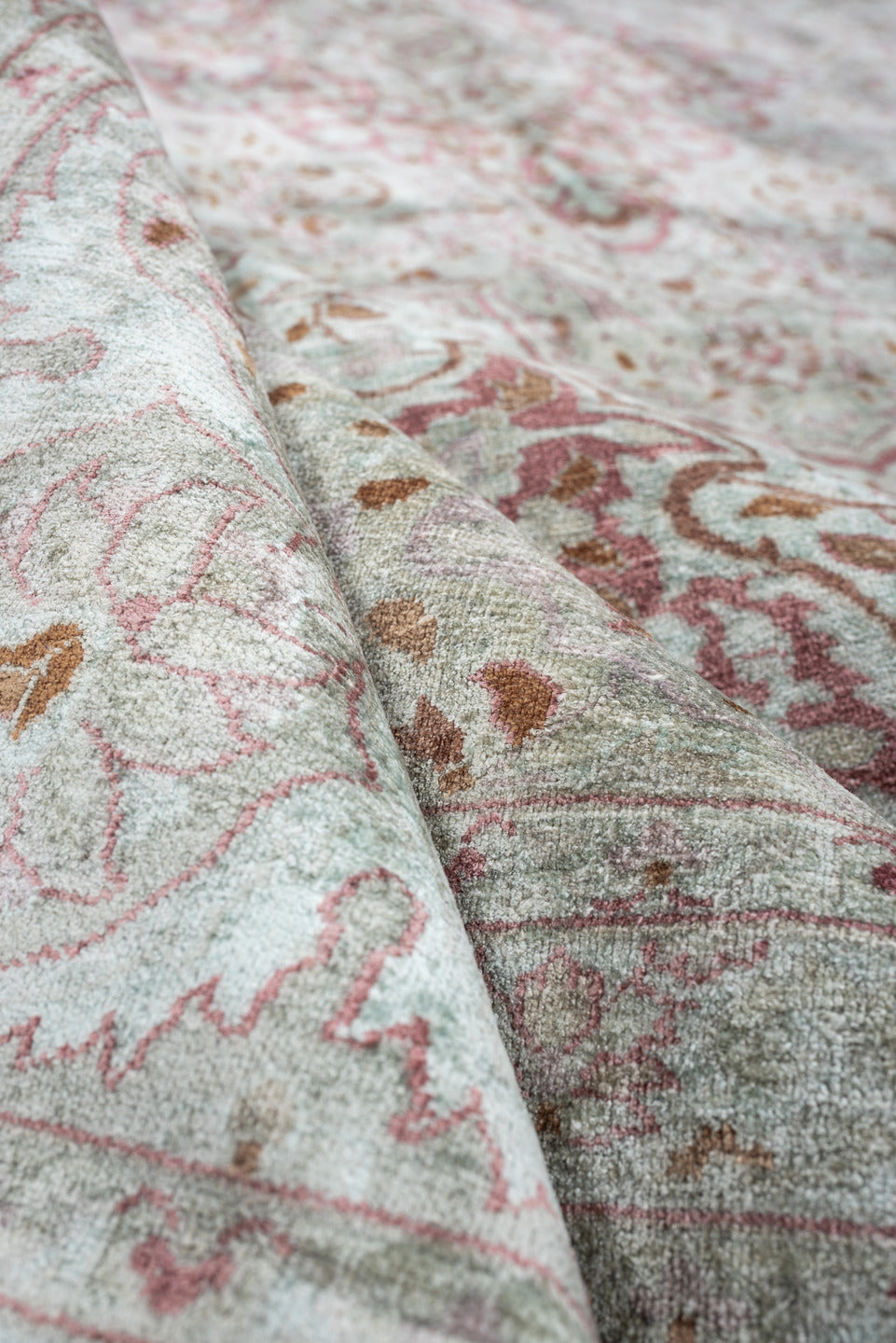 9' x 12' one-of-a-kind handmade antique Kashmir large size rug. Color palette: ivory, sage, dusty rose, pale blue gray