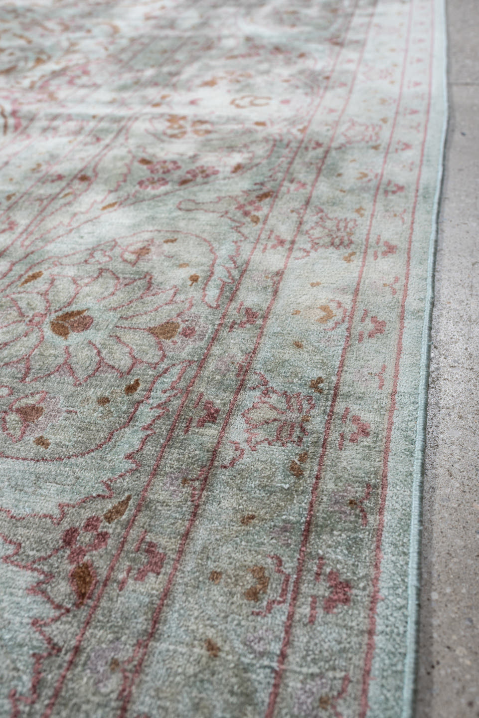 9' x 12' one-of-a-kind handmade antique Kashmir large size rug. Color palette: ivory, sage, dusty rose, pale blue gray