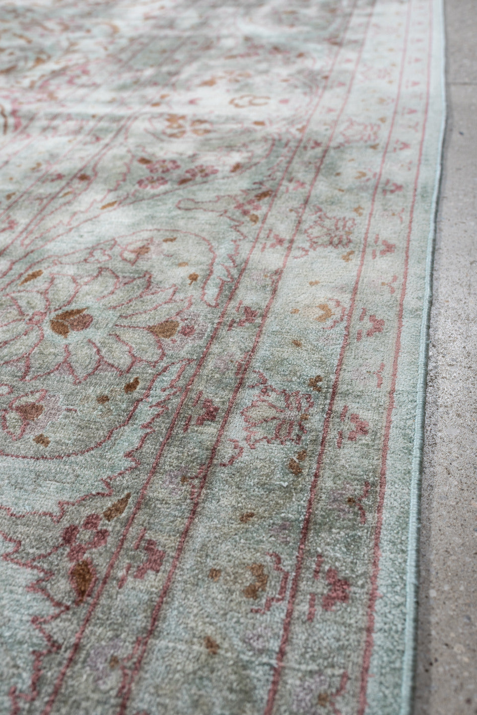 9' x 12' one-of-a-kind handmade antique Kashmir large size rug. Color palette: ivory, sage, dusty rose, pale blue gray