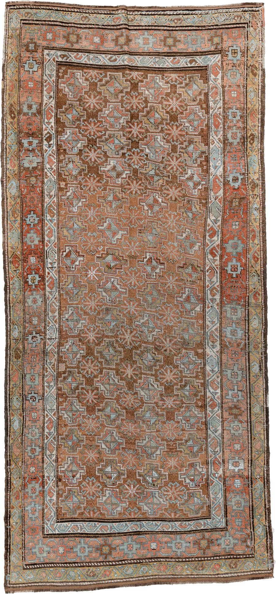 4' x 8' one-of-a-kind handmade antique Kurd runner rug. Color palette: rust, terracotta, blue gray, ivory, brown, charcoal