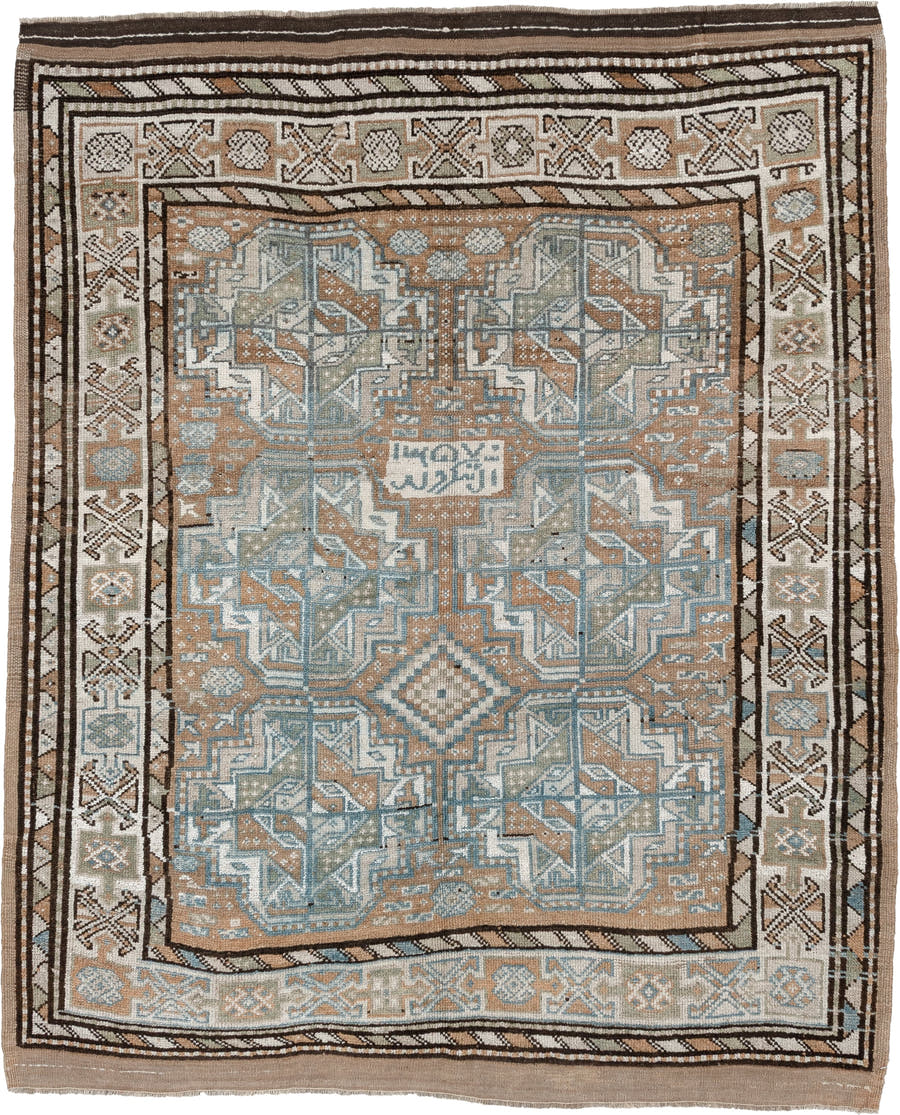 5' x 6' one-of-a-kind handmade antique Kurd rug. Color palette: camel, ivory, blue gray, dark brown, taupe, rust, sage