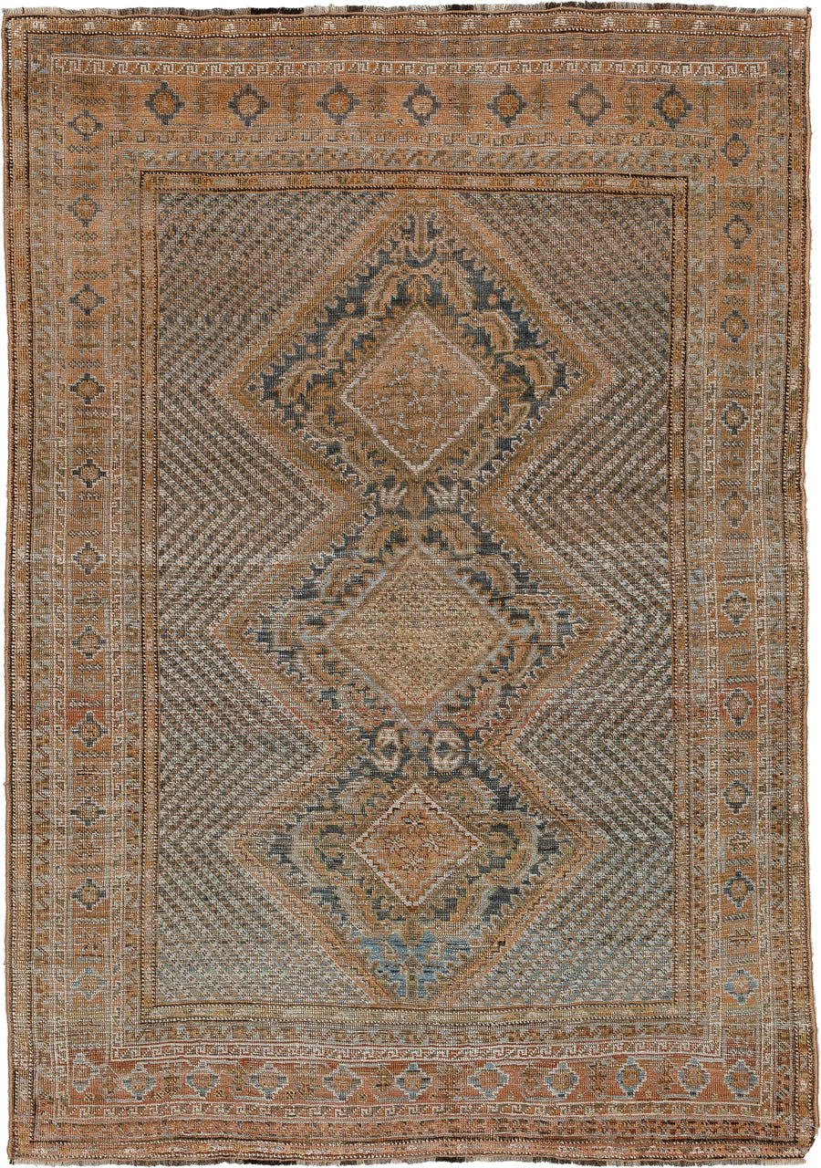 4' x 6' one-of-a-kind handmade antique Afshar small size rug. Color palette: rust, camel, blue gray, ivory, charcoal, taupe