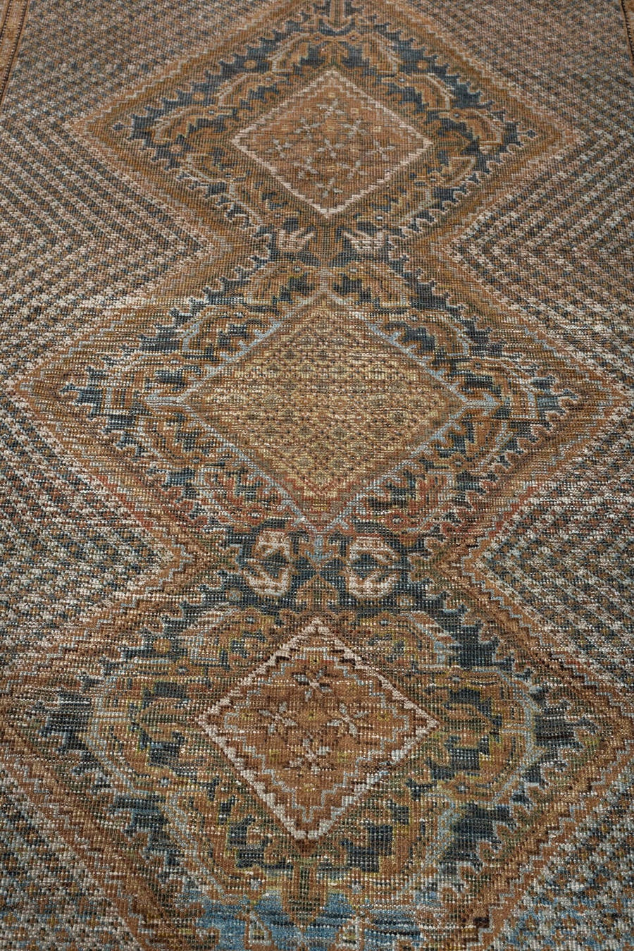 4' x 6' one-of-a-kind handmade antique Afshar small size rug. Color palette: rust, camel, blue gray, ivory, charcoal, taupe