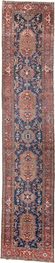 3' x 18' one-of-a-kind handmade antique Serapi runner rug. Color palette: navy, brick red, rust, camel, ivory, muted teal