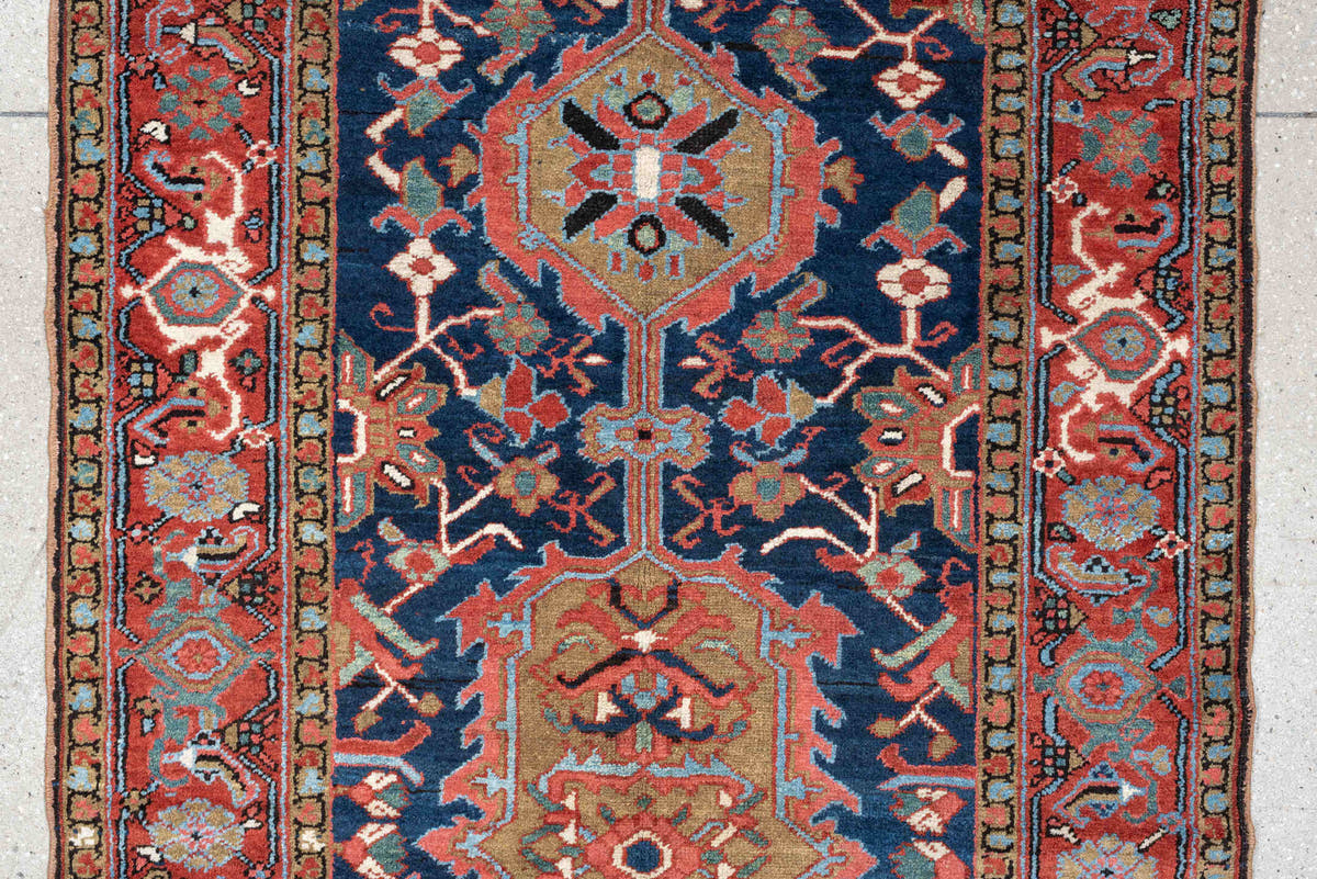 3' x 18' one-of-a-kind handmade antique Serapi runner rug. Color palette: navy, brick red, rust, camel, ivory, muted teal
