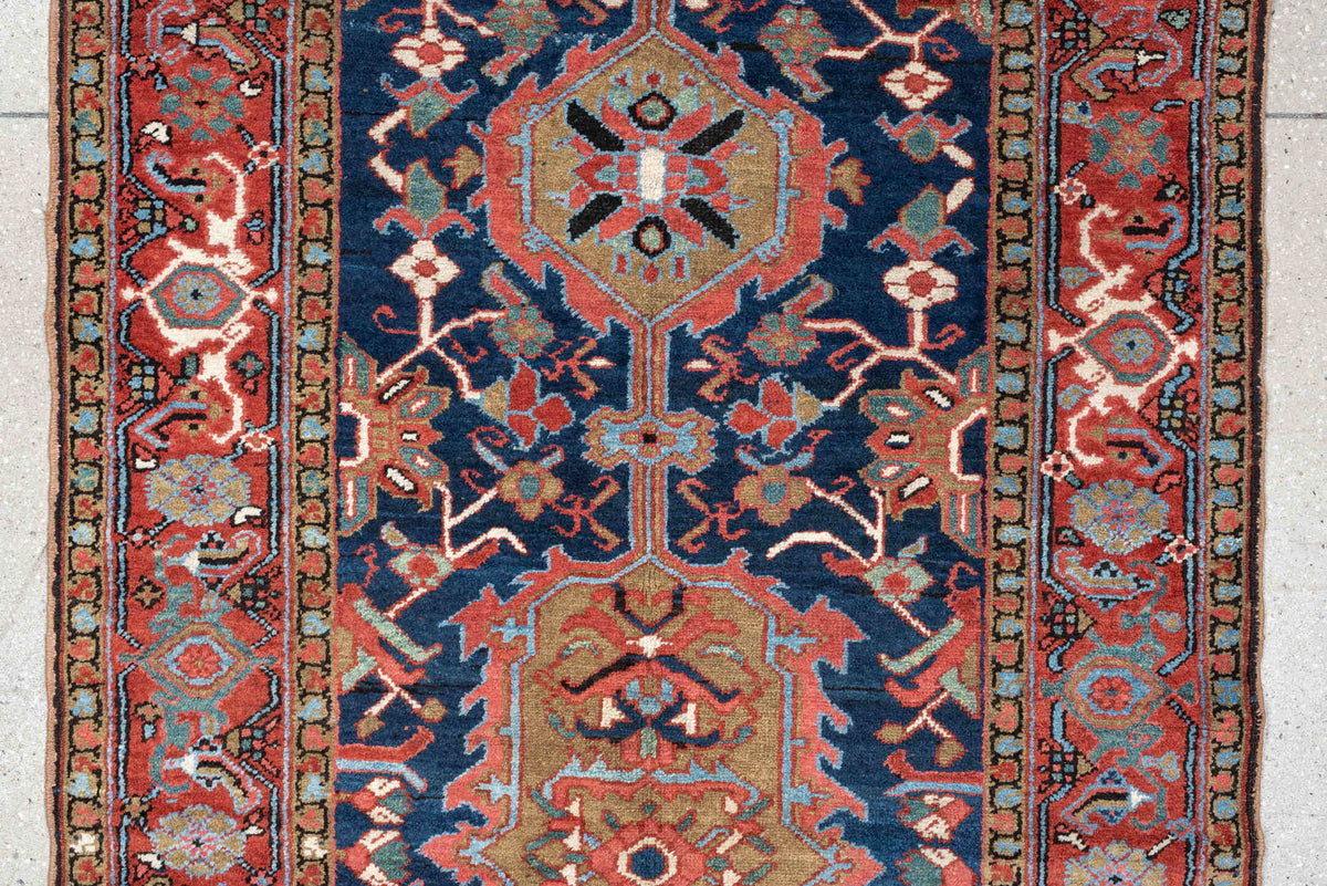 3' x 18' one-of-a-kind handmade antique Serapi runner rug. Color palette: navy, brick red, rust, camel, ivory, muted teal