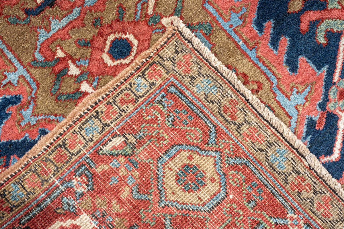 3' x 18' one-of-a-kind handmade antique Serapi runner rug. Color palette: navy, brick red, rust, camel, ivory, muted teal