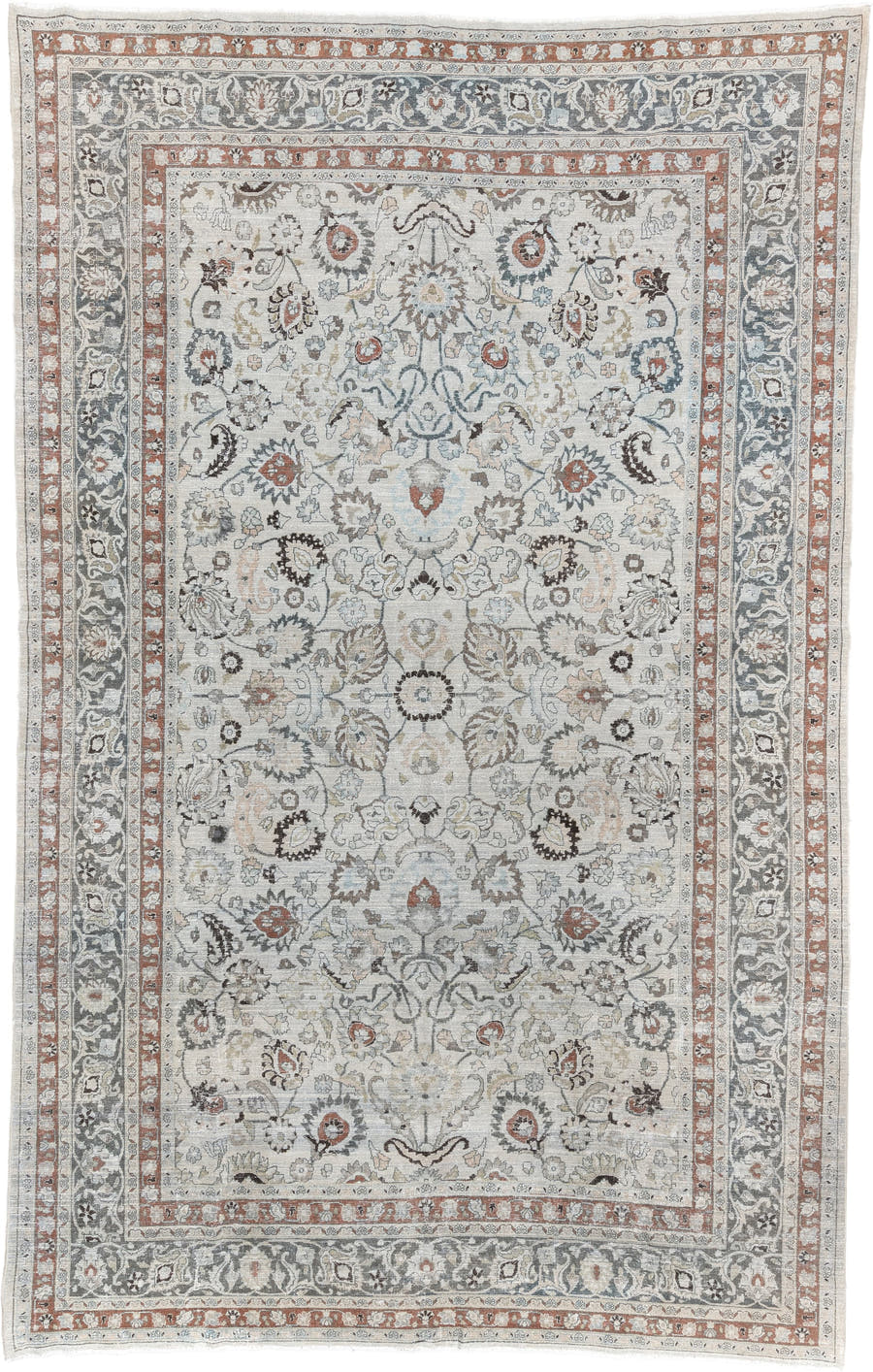 10' x 16' one-of-a-kind handmade antique Meshed rug. Color palette: ivory, slate blue, terracotta, taupe, charcoal, cream