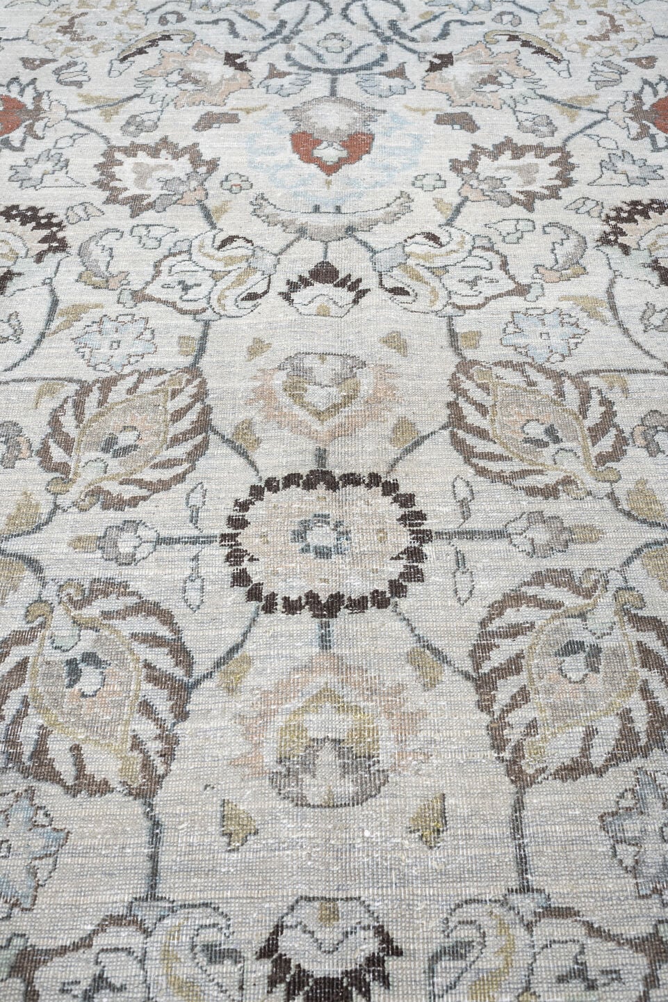 10' x 16' one-of-a-kind handmade antique Meshed rug. Color palette: ivory, slate blue, terracotta, taupe, charcoal, cream