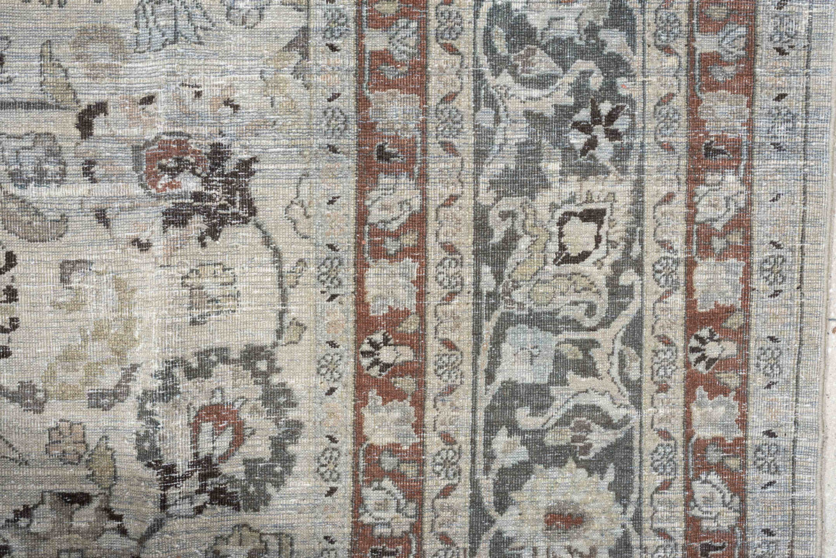 10' x 16' one-of-a-kind handmade antique Meshed rug. Color palette: ivory, slate blue, terracotta, taupe, charcoal, cream