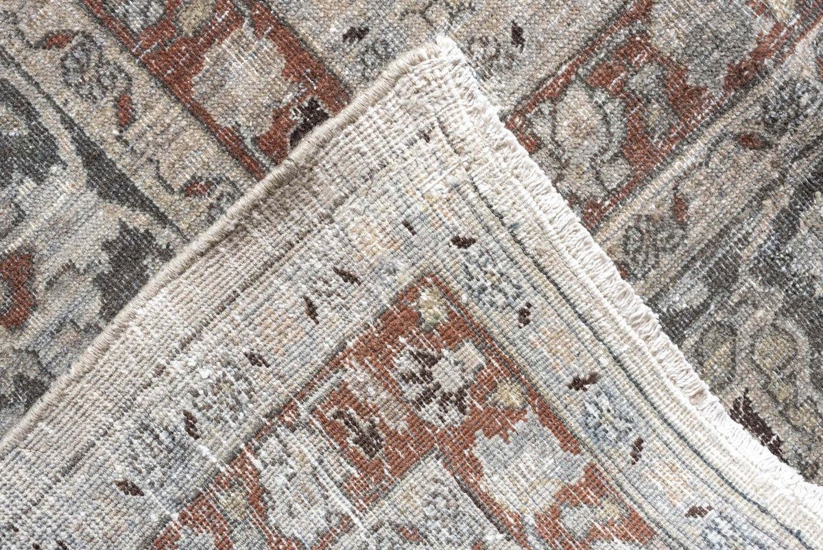 10' x 16' one-of-a-kind handmade antique Meshed rug. Color palette: ivory, slate blue, terracotta, taupe, charcoal, cream